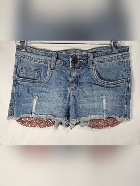 Instant Vintage Distressed Denim Shorts Sequin Hem Y2K Festival Low Rise Size 5